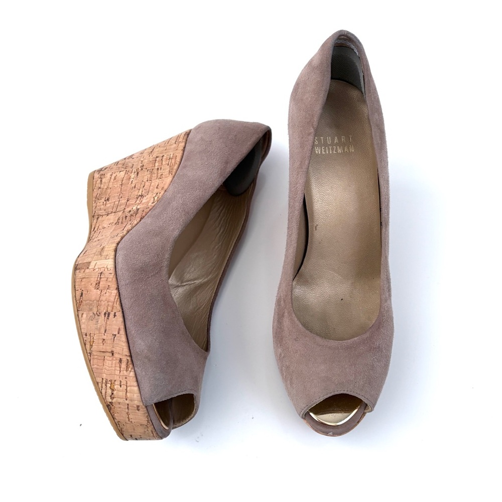 Stuart Weitzman | Beige Suede Peep Toe‎ Cork Wedge Shoes Size 6